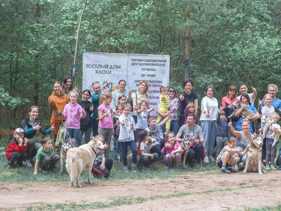 Большая группа детей и взрослых с хаски на лесной поляне