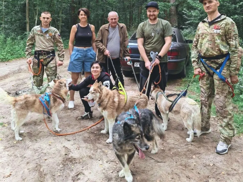 Ветераны СВО с хаски на поясах в лесу